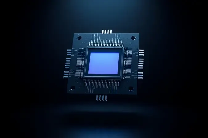 Renderização 3D conceitual de sensor de câmera com circuitos iluminados representando a importância do tamanho do sensor na qualidade de imagem.