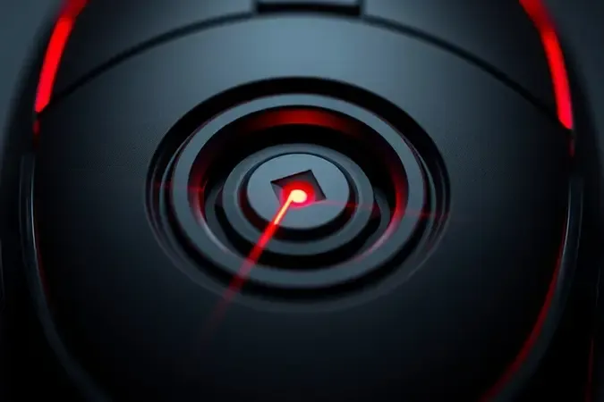 Close-up 3D da base de mouse gamer sem marca com sensor óptico emitindo feixes de luz vermelha e azul sobre superfície escura.