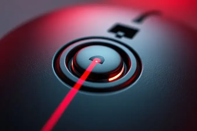 Close-up conceitual de sensor óptico de mouse com feixe de luz vermelha escaneando superfície texturizada, destacando a precisão da tecnologia DPI.