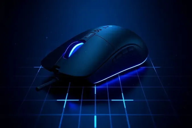 Renderização 3D conceitual de sensor óptico de mouse gamer com feixes de luz e grades de precisão.