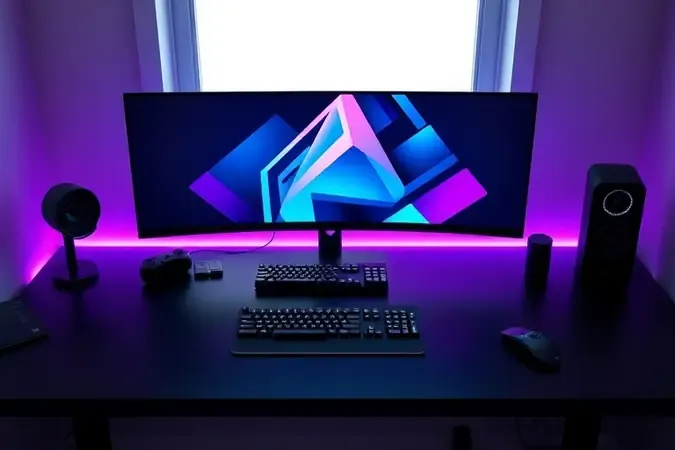 Renderização 3D conceitual de setup moderno para jogos e edição com monitor estilizado e iluminação ambiente sutil.