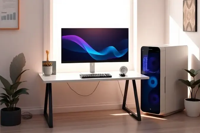 Renderização 3D de setup gamer de entrada com mesa minimalista, monitor e torre ao lado em ambiente com iluminação natural suave.