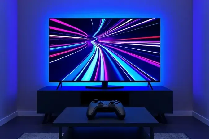 Setup gamer minimalista com TV de 65 polegadas sem marca exibindo rastros de movimento abstratos e controle sobre console.