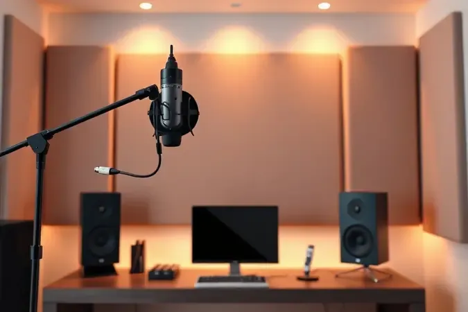Render 3D de setup minimalista de gravação com microfone USB em braço articulado e painéis acústicos com iluminação ambiente quente.