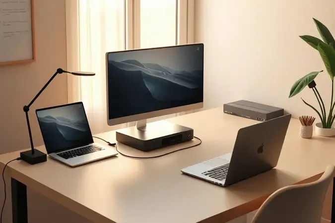 Renderização 3D conceitual de um setup de mesa com dock station conectando notebook e monitor, com iluminação natural suave e design minimalista.