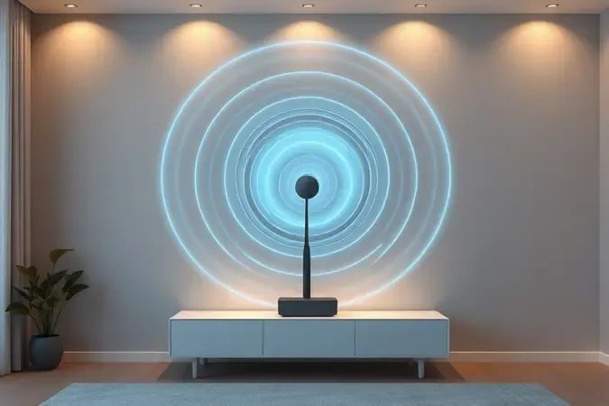 Visualização conceitual de ondas de sinal digital irradiando de uma antena interna em ambiente residencial limpo e moderno.