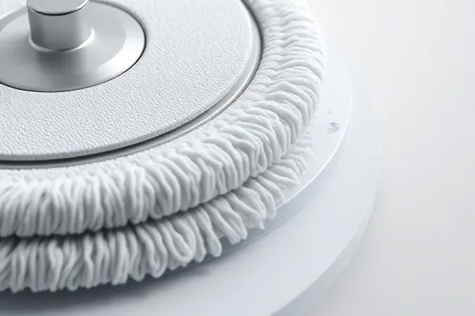Close-up conceitual 3D do sistema de mop e passa pano de robô aspirador com pad de microfibra texturizada e design minimalista.