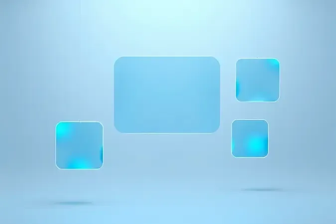 Renderização 3D de elementos abstratos de interface digital flutuando em espaço minimalista com iluminação azul suave.