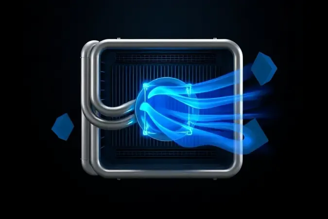 Render 3D de sistema de resfriamento com heat pipes metálicos e fluxo de ar azul translúcido