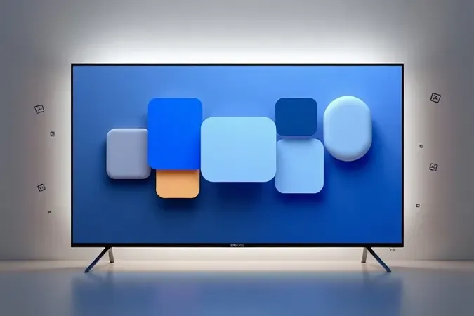 Render 3D conceitual de TV inteligente com interface abstrata representando sistemas Google TV, Tizen e webOS.