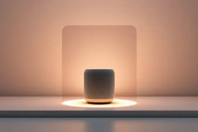 Renderização 3D conceitual sobre privacidade em smart speakers com metáfora visual de proteção ao redor do dispositivo.