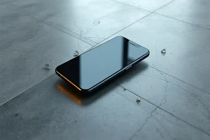 Renderização 3D de smartphone no momento exato antes do impacto contra o chão de concreto com linhas de movimento e brilho protetor.