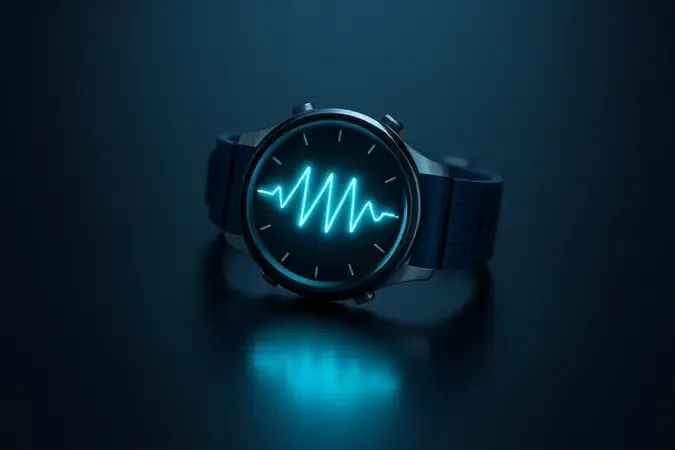 Renderização 3D conceitual de smartwatch com visualização luminosa de batimentos cardíacos e métricas de monitoramento de saúde.