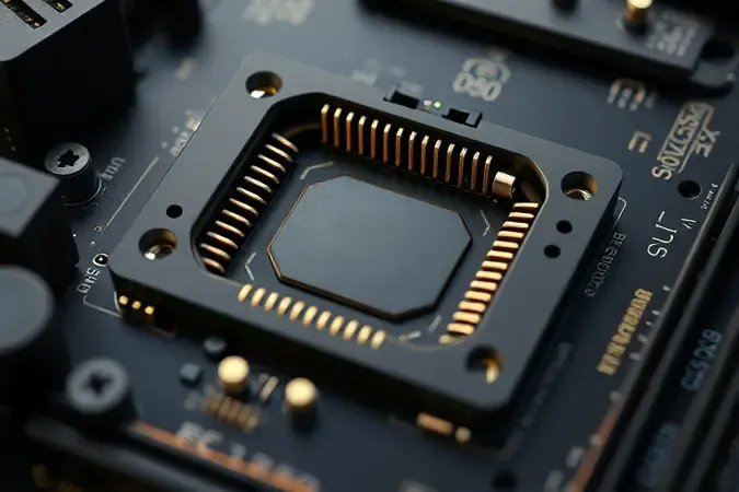 Renderização 3D conceitual em close-up destacando socket de CPU e chipset em placa-mãe moderna
