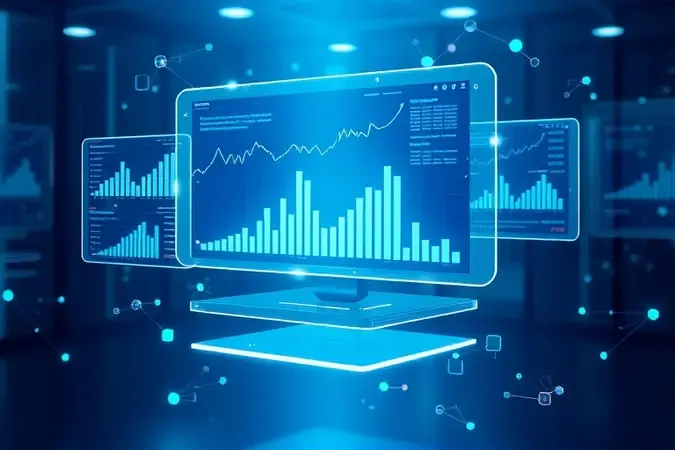 Interface de software abstrata com janelas flutuantes exibindo indicadores financeiros e gráficos interconectados em visualização 3D conceitual.