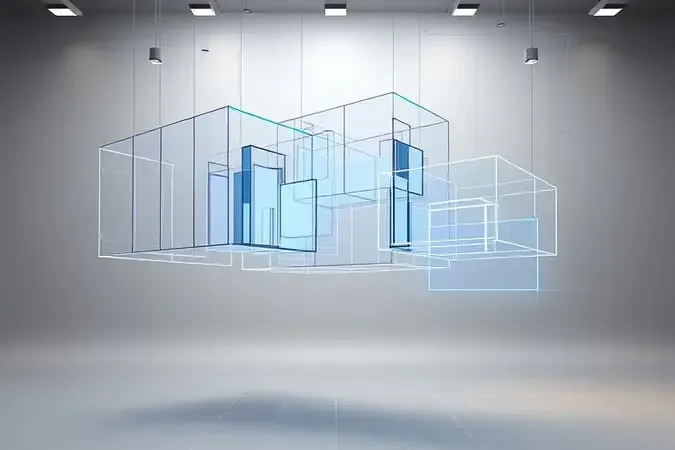 Renderização 3D conceitual de modelagem arquitetônica digital com formas geométricas flutuantes e estruturas wireframe abstratas.