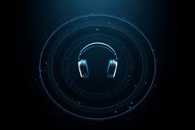 Visualização abstrata de som surround 7.1 com ondas sonoras concêntricas emanando de headset sem marca em render 3D