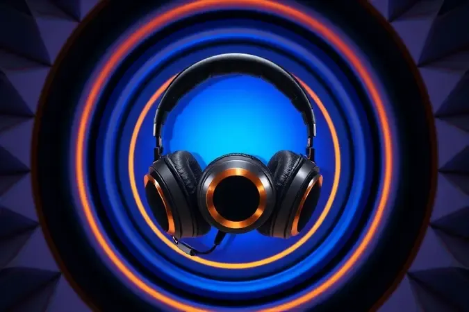 Render 3D de headset gamer com ondas sonoras concêntricas representando som surround e isolamento acústico em tons de azul e dourado.