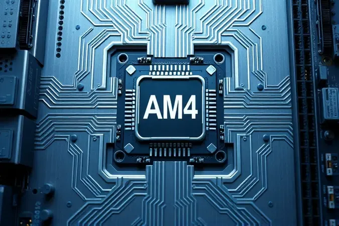 Render 3D conceitual do soquete AM4 como hub central de conectividade em placa-mãe moderna com tons azul-acinzentados