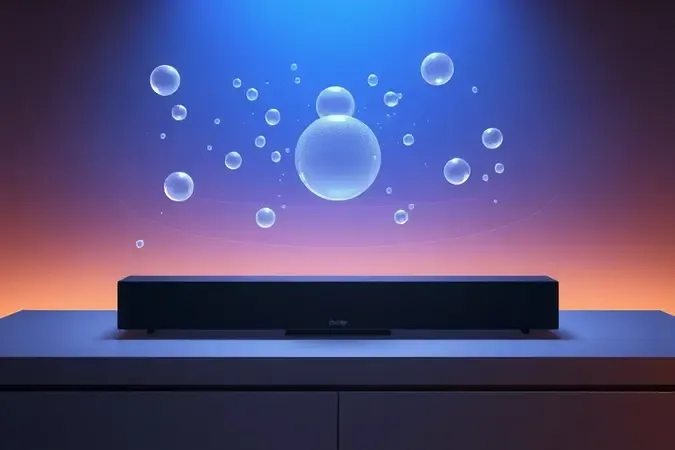 Render 3D conceitual de soundbar com partículas de luz orbitando para representar tecnologia de áudio espacial Dolby Atmos