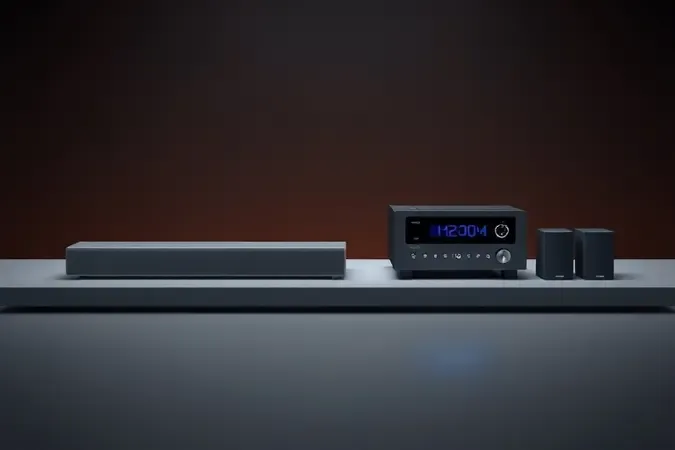Comparação conceitual 3D entre soundbar compacta e sistema receiver com caixas de som separadas.