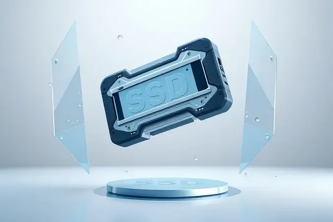 Renderização 3D de SSD externo robusto com escudos geométricos transparentes e efeitos de gotas e impacto representando resistência.