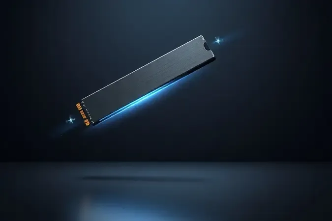 Renderização 3D conceitual de SSD NVMe moderno flutuando com partículas de dados luminosas e superfície limpa.