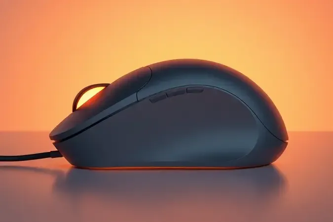 Render 3D conceitual destacando o suporte em arco para a palma da mão em mouse ergonômico com iluminação suave e tons neutros.