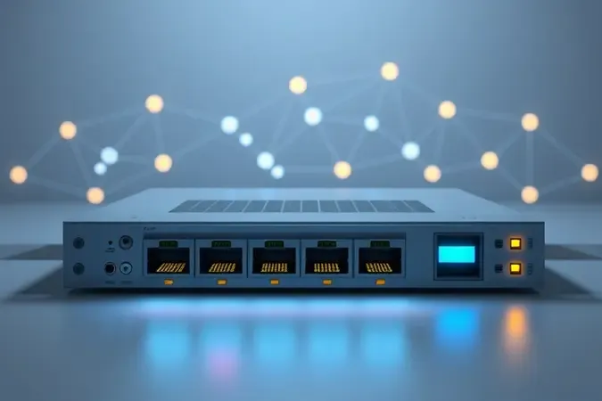 Representação conceitual de switch ethernet gigabit de 16 portas com fluxo de dados luminoso entre dispositivos de rede interconectados.