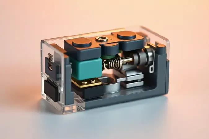Render 3D de switch mecânico silencioso em corte transversal revelando componentes internos com amortecimento de silicone.