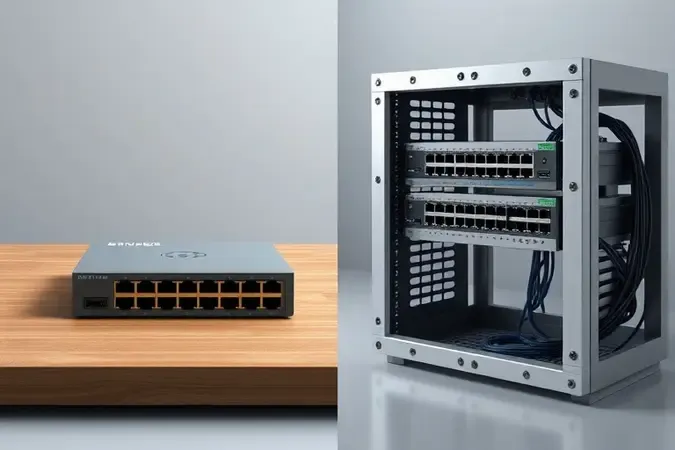 Comparação entre switch de mesa compacto e switch montável em rack para diferentes ambientes e necessidades de rede.