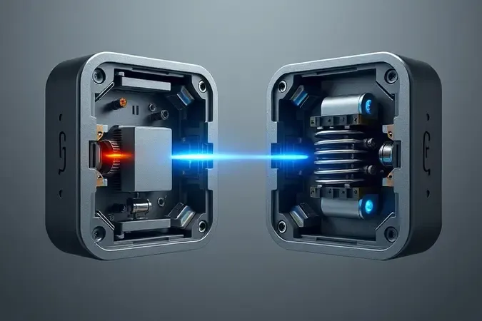 Comparação conceitual 3D em corte transversal entre switch óptico com feixe de luz e switch mecânico com mola metálica para mouse.