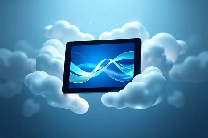 Tablet flutuando entre nuvens de vidro translúcido representando o conceito de jogos na nuvem em 3D.