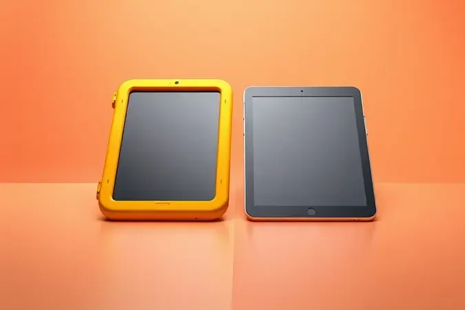 Comparação 3D lado a lado entre tablet infantil colorido com capa protetora e tablet adulto metálico fino, destacando filosofias de design distintas.