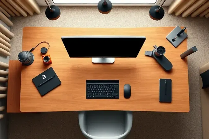 Vista superior conceitual de mesa regulável com diferentes proporções de tampo para organização ideal do home office.