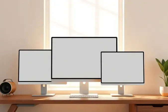 Comparação conceitual de diferentes tamanhos de monitores em ambiente moderno com iluminação natural.