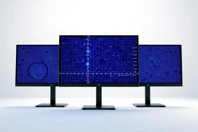 Render 3D de três monitores de tamanhos diferentes flutuando lado a lado com padrões abstratos de resolução em pontos geométricos azuis.