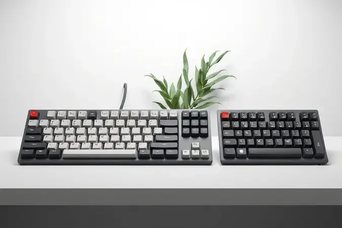 Render 3D comparativo de teclados mecânicos em três tamanhos: full-size, tenkeyless e compacto 60 por cento