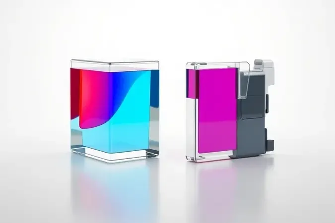 Comparação visual conceitual 3D entre sistema de tanque de tinta e cartucho para impressoras com iluminação profissional.