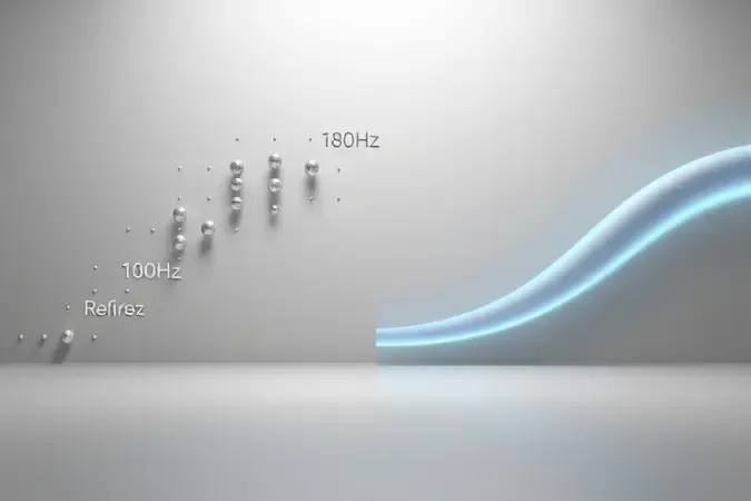 Comparação conceitual em 3D entre baixa e alta taxa de atualização com esferas abstratas representando fluidez de movimento em 180Hz