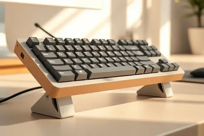 Render 3D conceitual de teclado mecânico ergonômico com altura ajustável e apoio de pulso em madeira