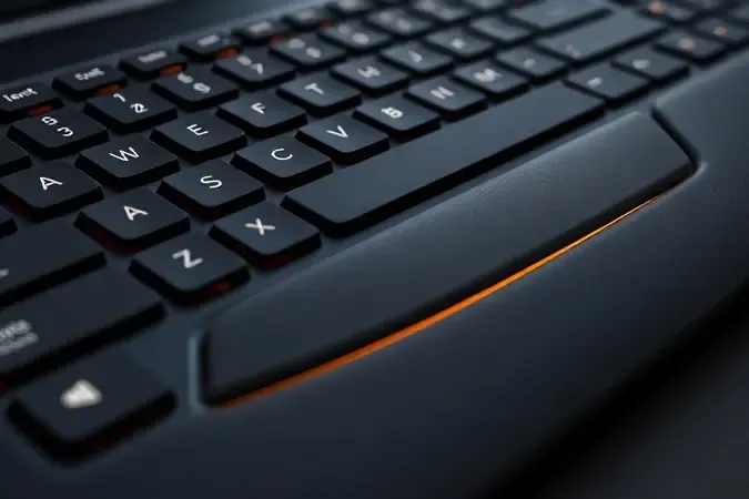 Detalhe em 3D de teclado ergonômico com apoio para punhos integrado, textura suave e design que reduz a fadiga durante longas sessões de digitação.