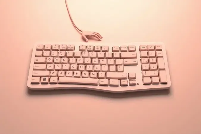 Teclado ergonômico dividido sem marca com design curvo em superfície clean, sugerindo postura natural das mãos.