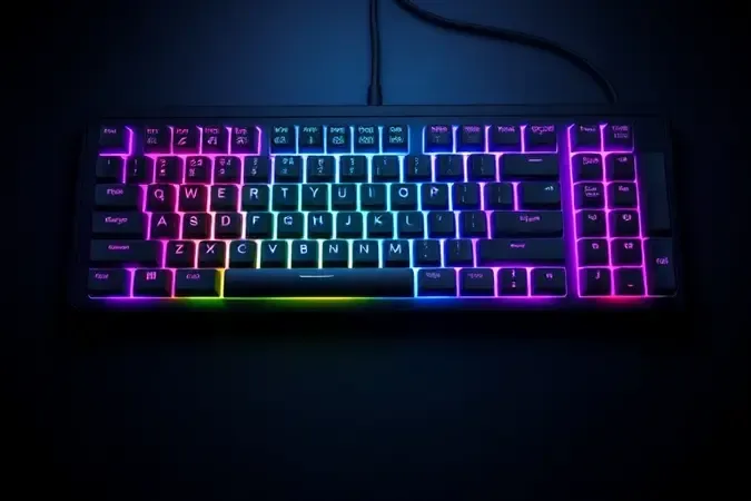 Render 3D aéreo de teclado gamer com iluminação RGB gradiente suave sobre superfície escura reflexiva.