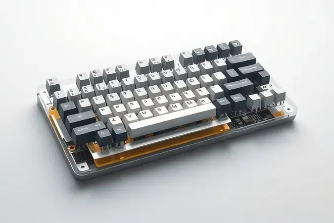 Render 3D conceitual mostrando corte transversal de teclado com sistema gasket mount e camadas internas.