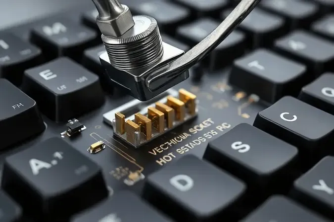 Render 3D em close-up de switch sendo removido de PCB de teclado revelando soquete hot-swap com contatos dourados.