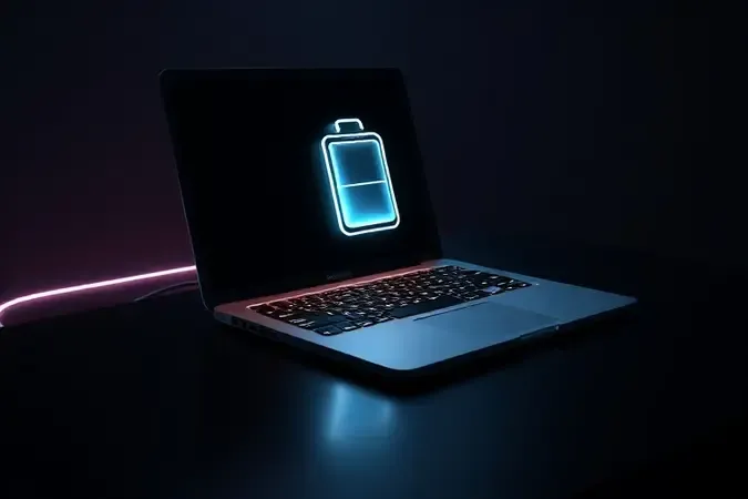 Render 3D de notebook com teclado iluminado ao lado de ícone de bateria em vidro translúcido representando consumo de energia.