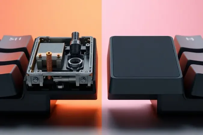 Comparação conceitual em render 3D entre mecanismo de teclado mecânico e de membrana com detalhes realistas