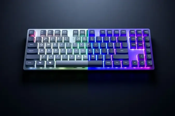 Comparação conceitual entre teclado retroiluminado branco uniforme e teclado RGB com espectro de cores em render 3D.