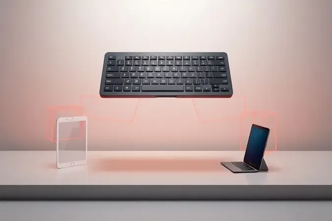 Render 3D de teclado wireless conectando a múltiplos dispositivos em ambiente clean com design sofisticado